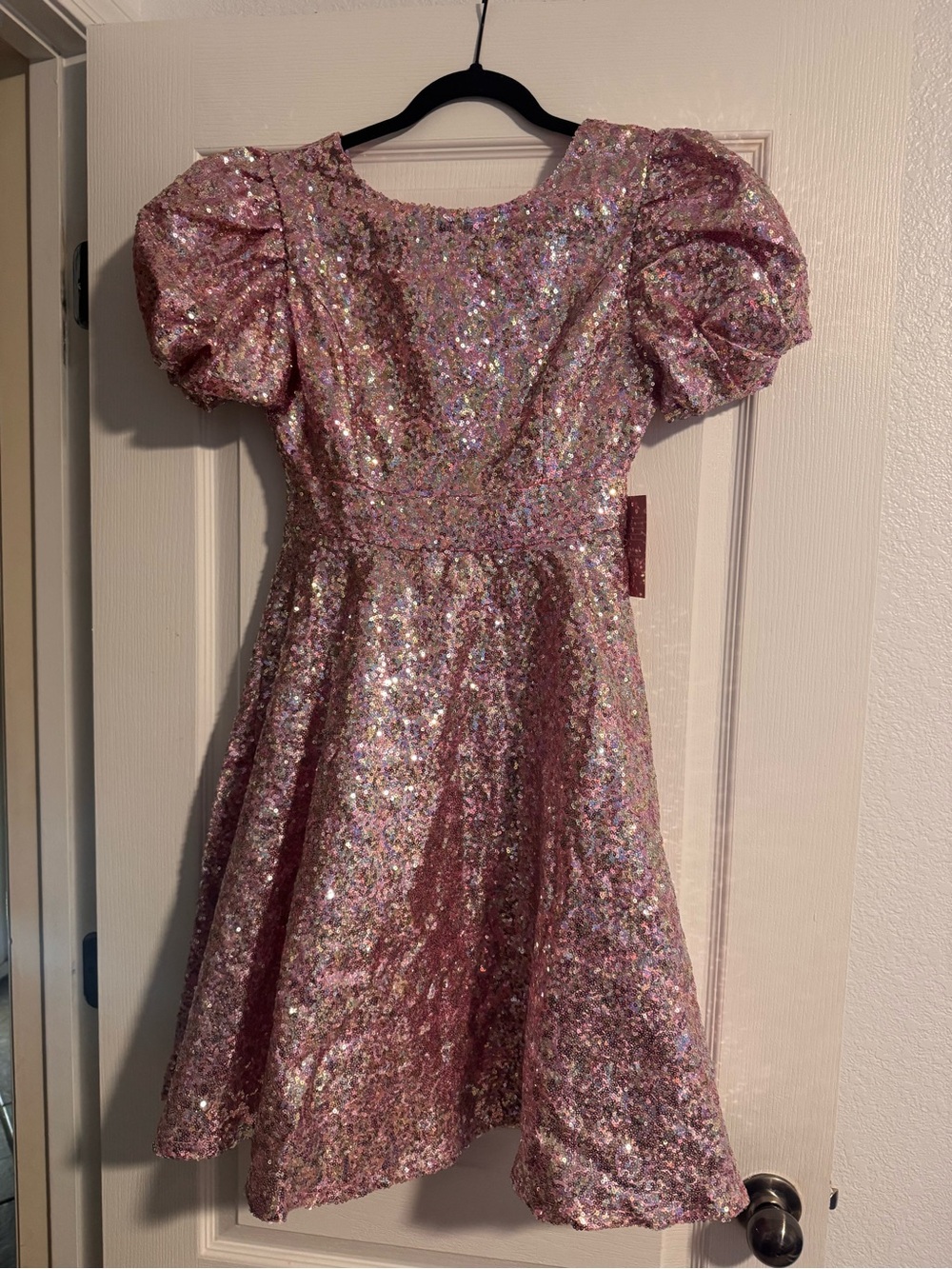 Ivy City Co Pink Glitter Puff-Sleeve Party Dress